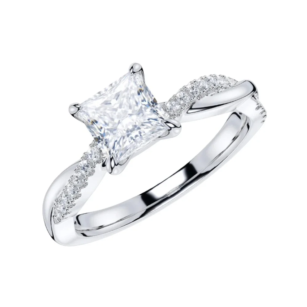 NEW Genuine Moissanite Princess Cut Twisted Band Engagement Ring Silver Size 7